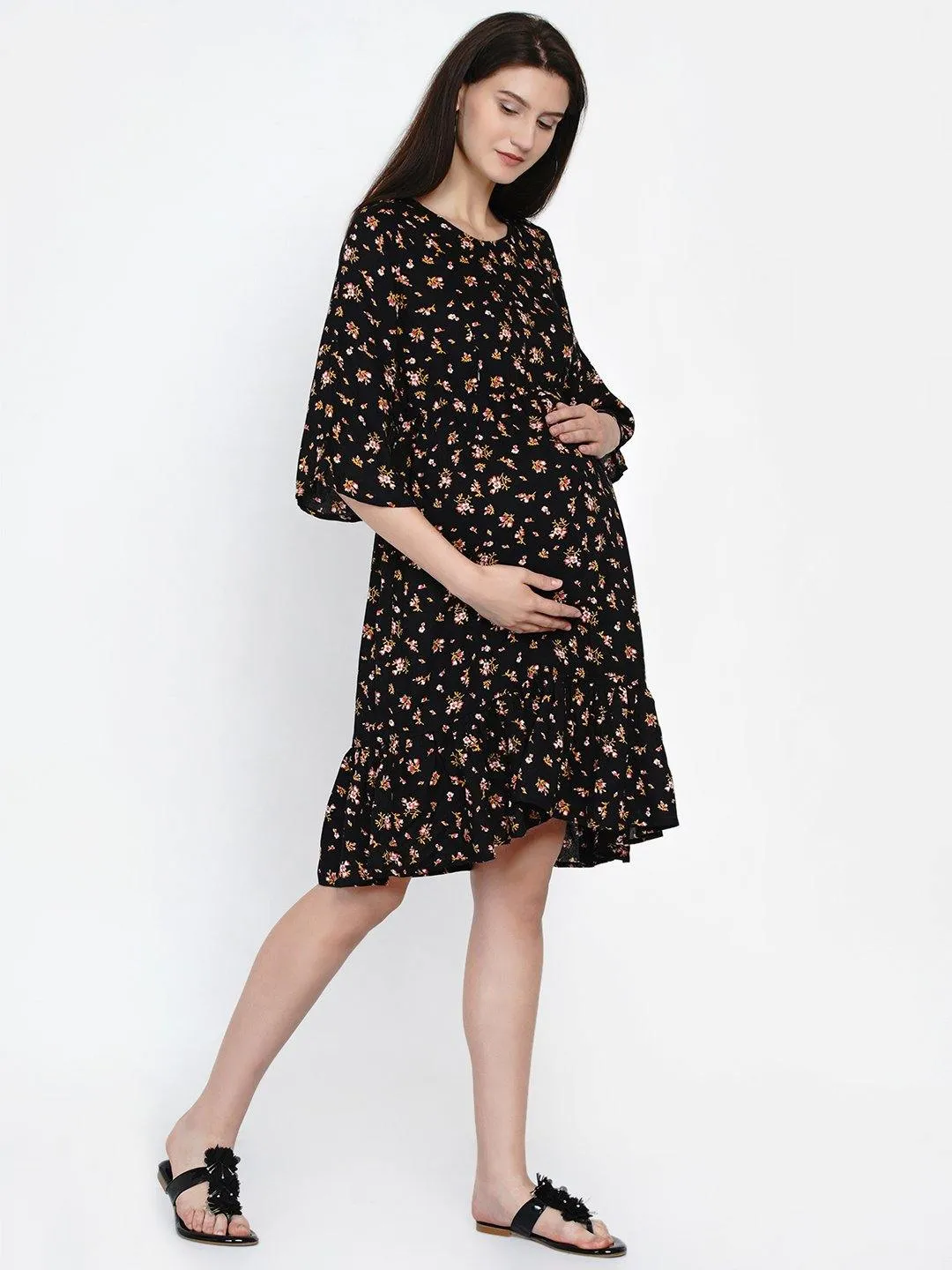 Black Floral Print Maternity and Nursing Midi Dress