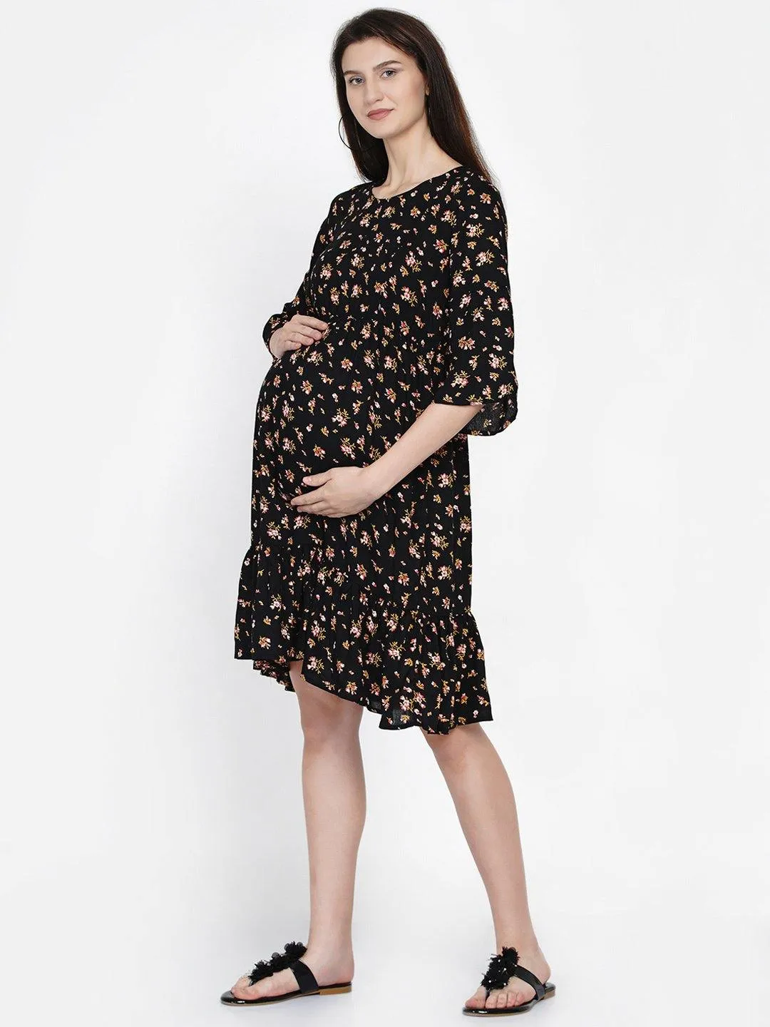 Black Floral Print Maternity and Nursing Midi Dress