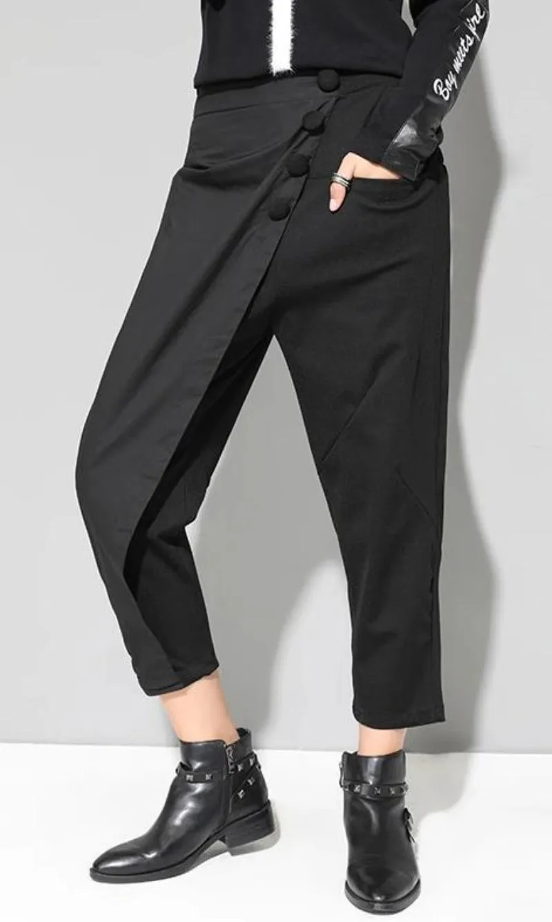 Black Tide Long Harem Elastic Waist Button Fly Front Patchwork Pants