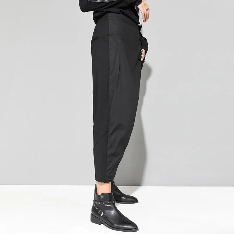 Black Tide Long Harem Elastic Waist Button Fly Front Patchwork Pants