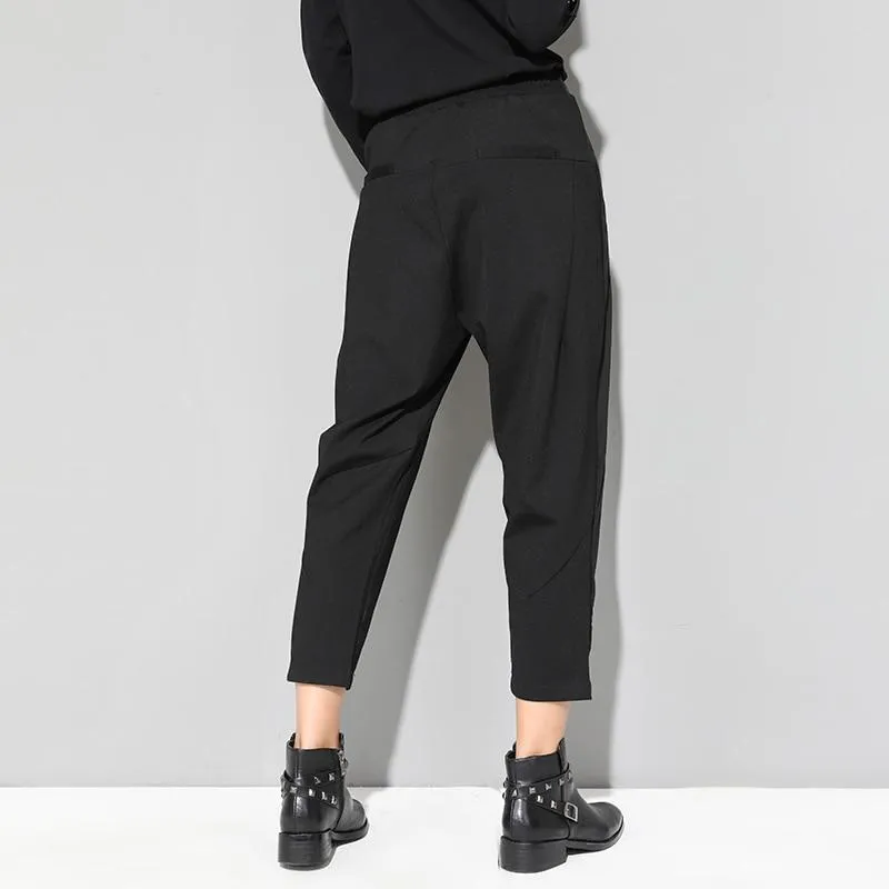 Black Tide Long Harem Elastic Waist Button Fly Front Patchwork Pants