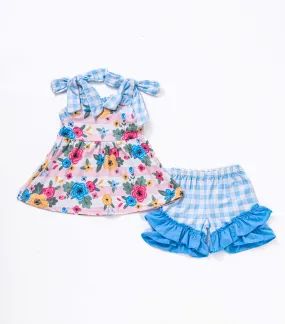 Blue floral print plaid ruffle girl set