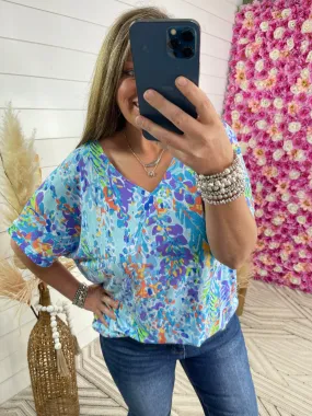 BLUE LOOSE FIT PAINTED FLORAL V NECK