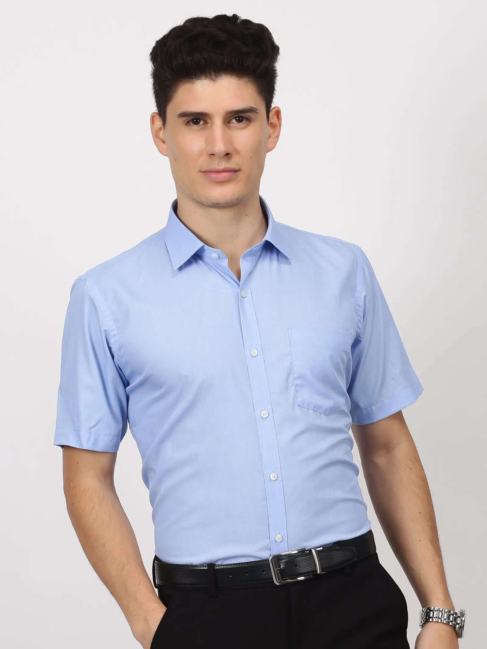 Blue Solid Short Sleeve Formal Shirt