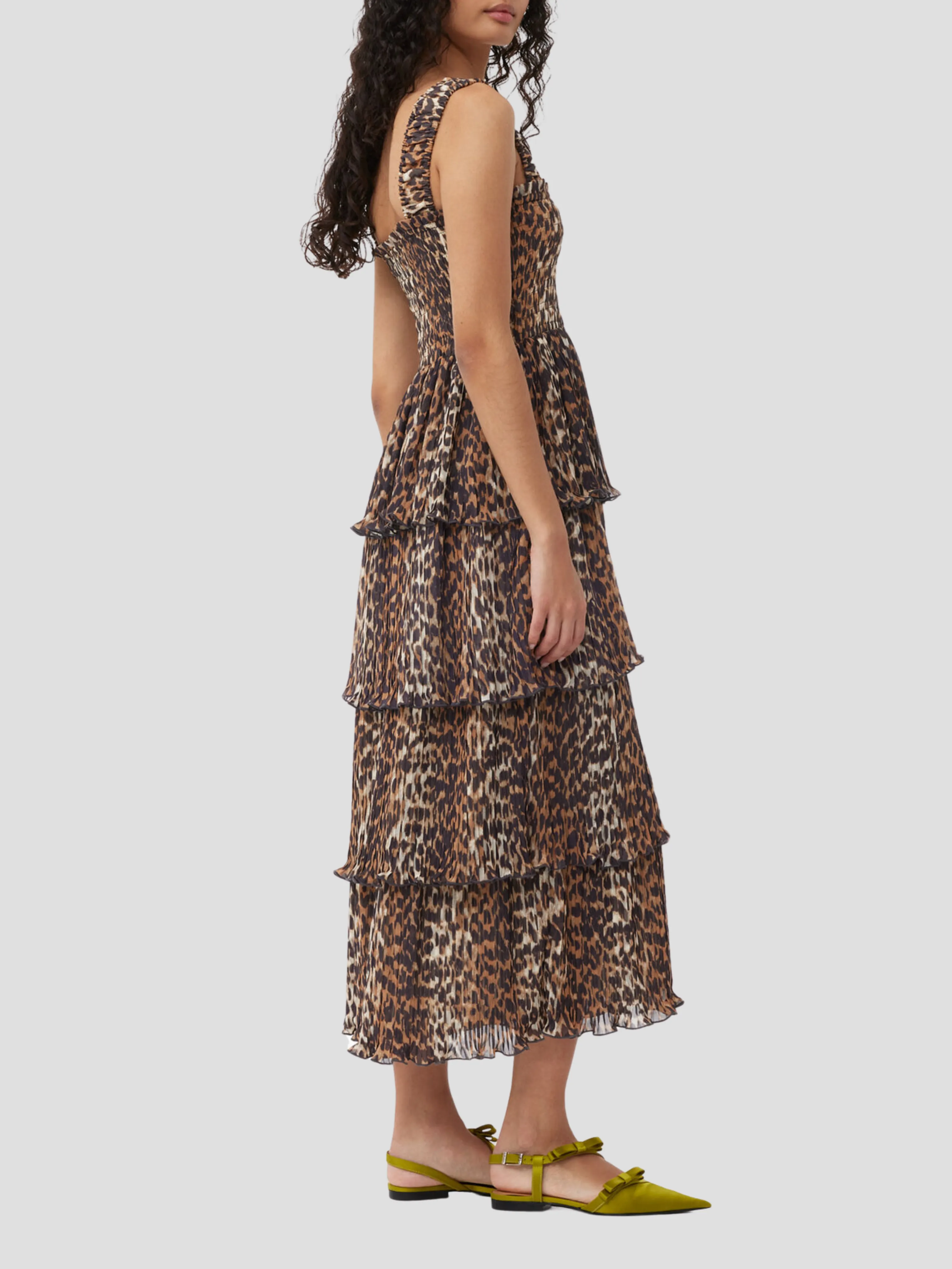 Brown Animal Print Pleated Midi Dress