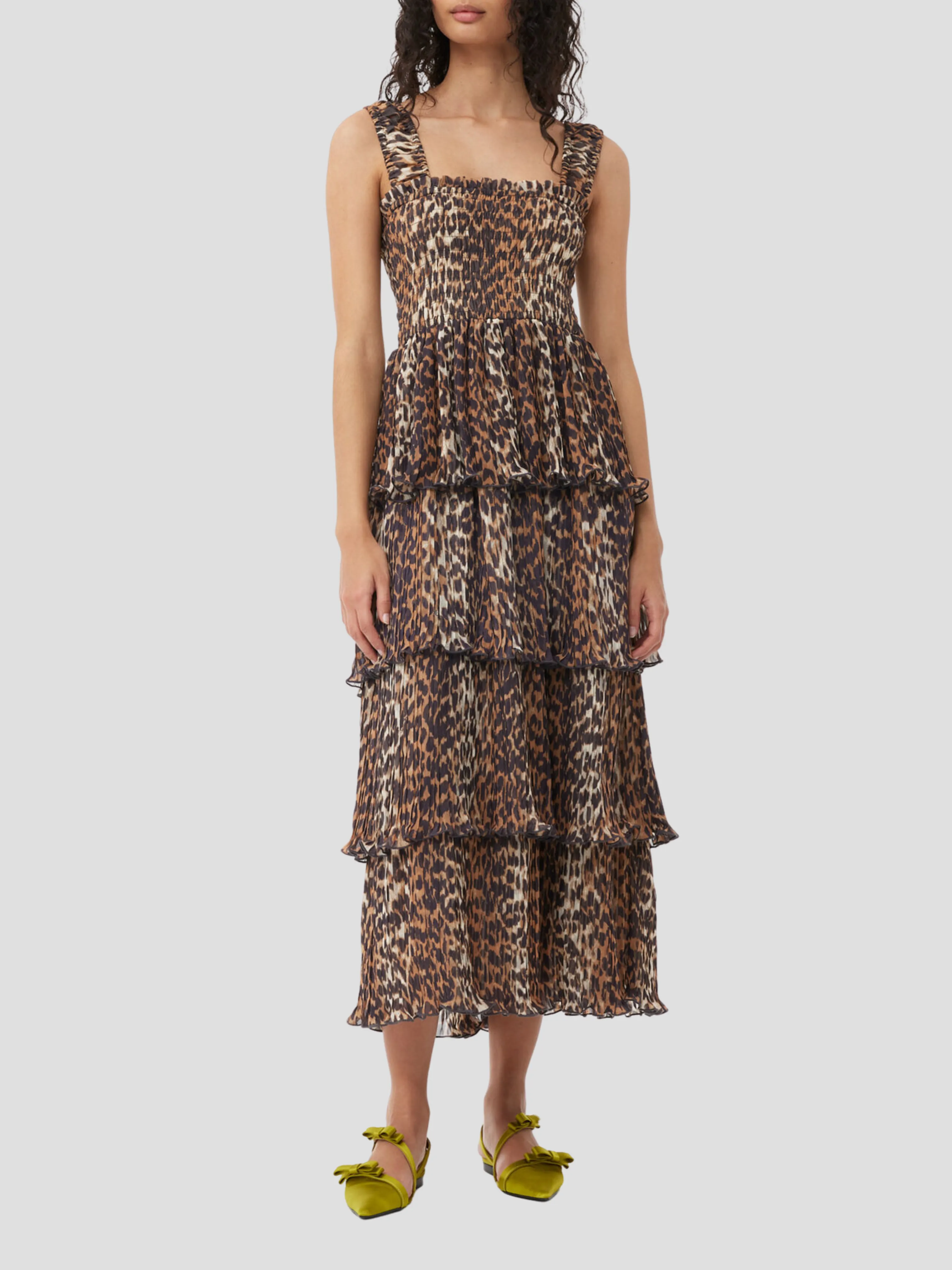 Brown Animal Print Pleated Midi Dress