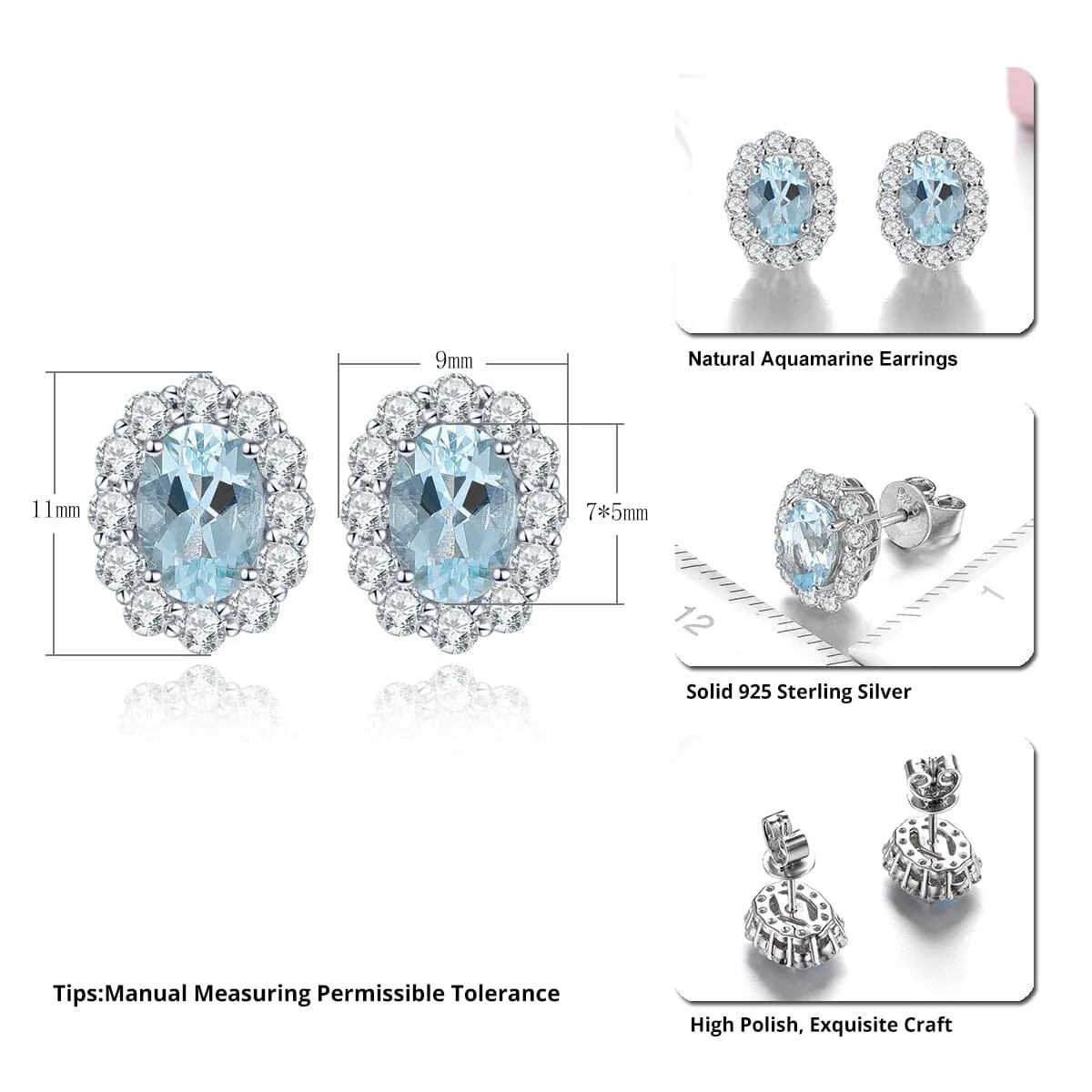 Classic Oval Aquamarine Stud Earrings - 925 Sterling Silver