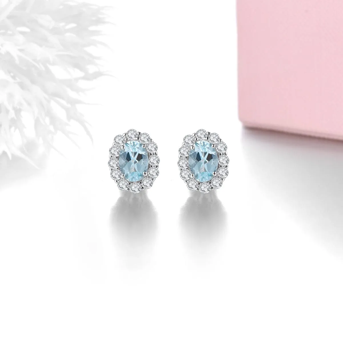 Classic Oval Aquamarine Stud Earrings - 925 Sterling Silver