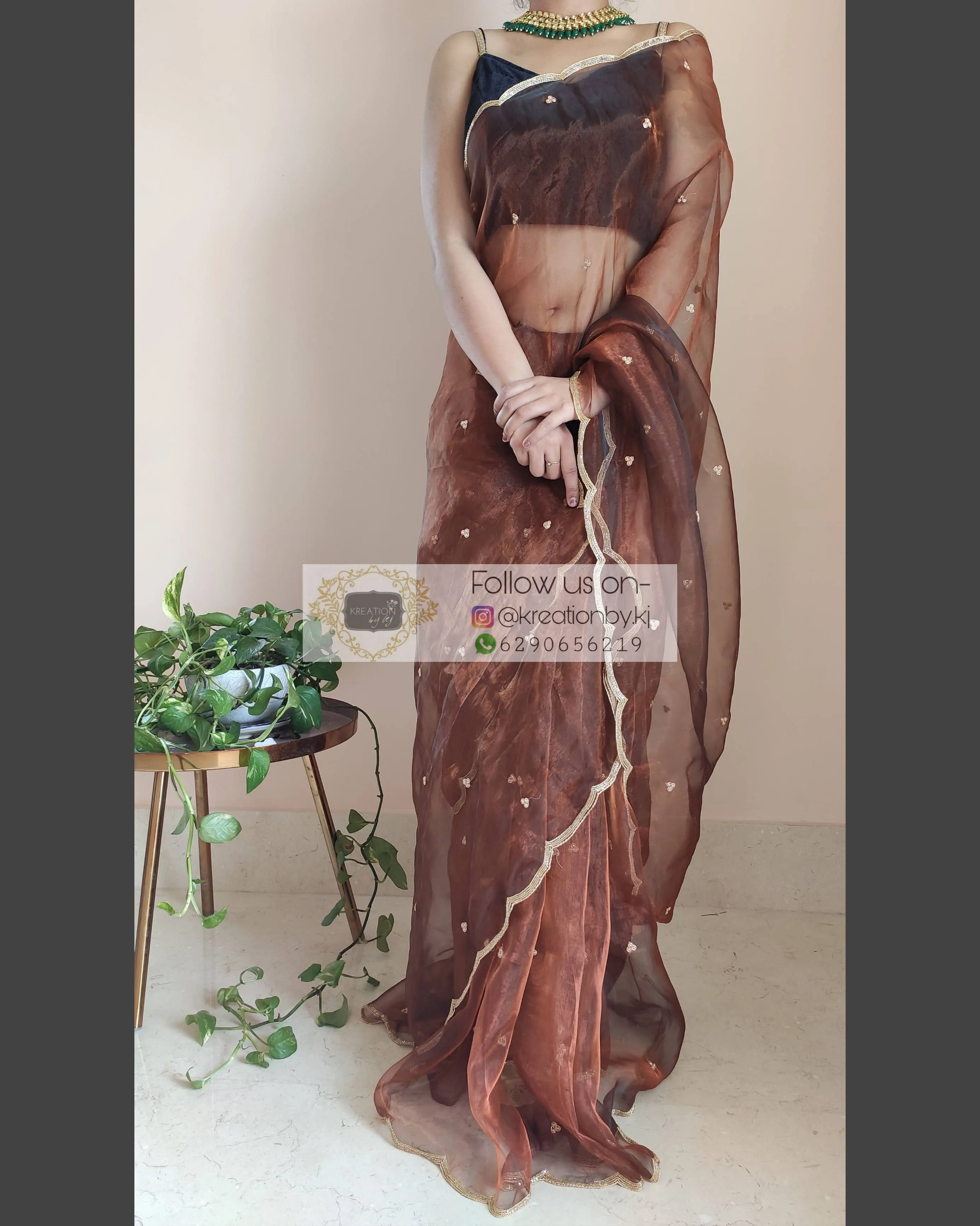 Copper Glass Tissue Saree With Handembroidered Scalloping