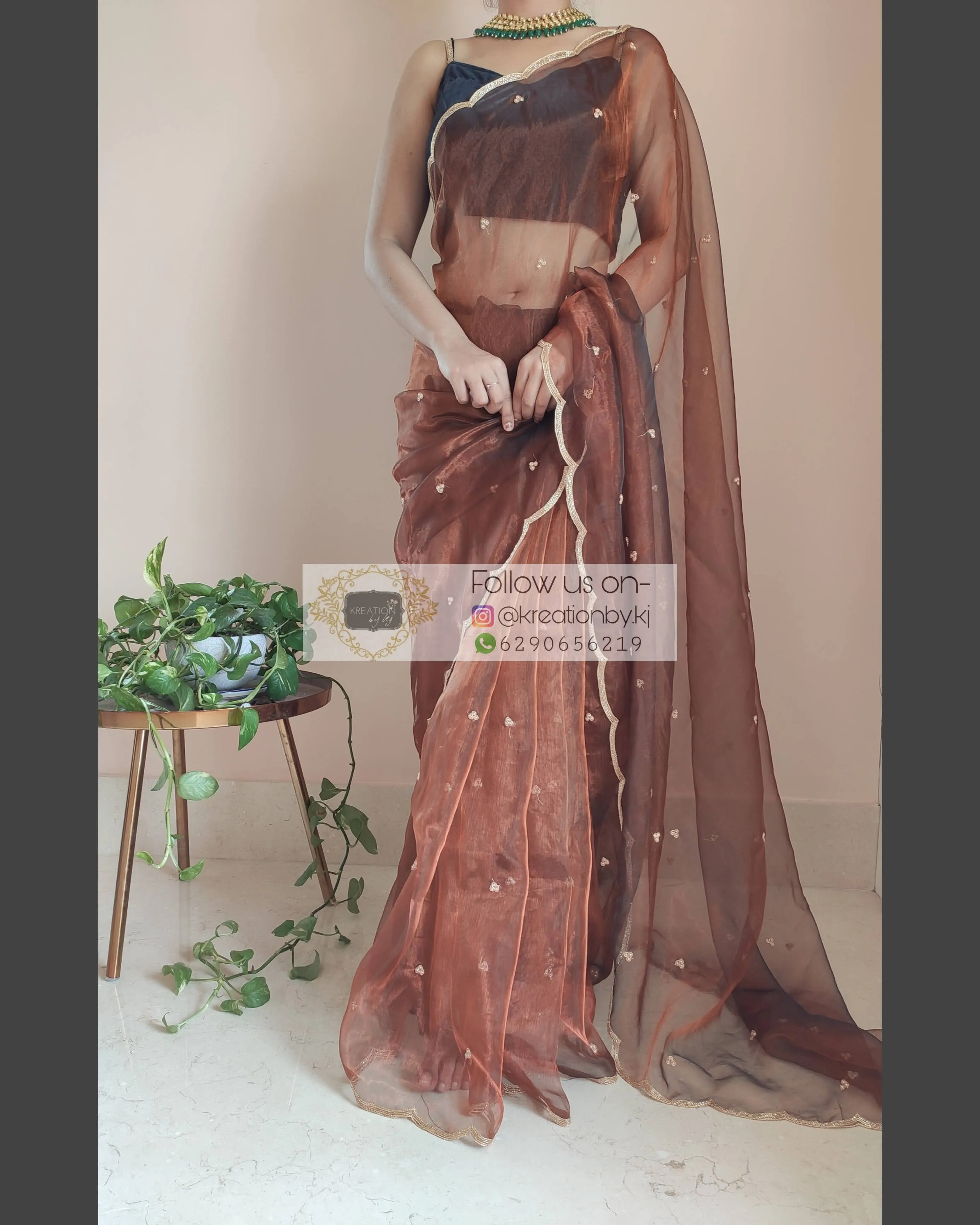 Copper Glass Tissue Saree With Handembroidered Scalloping