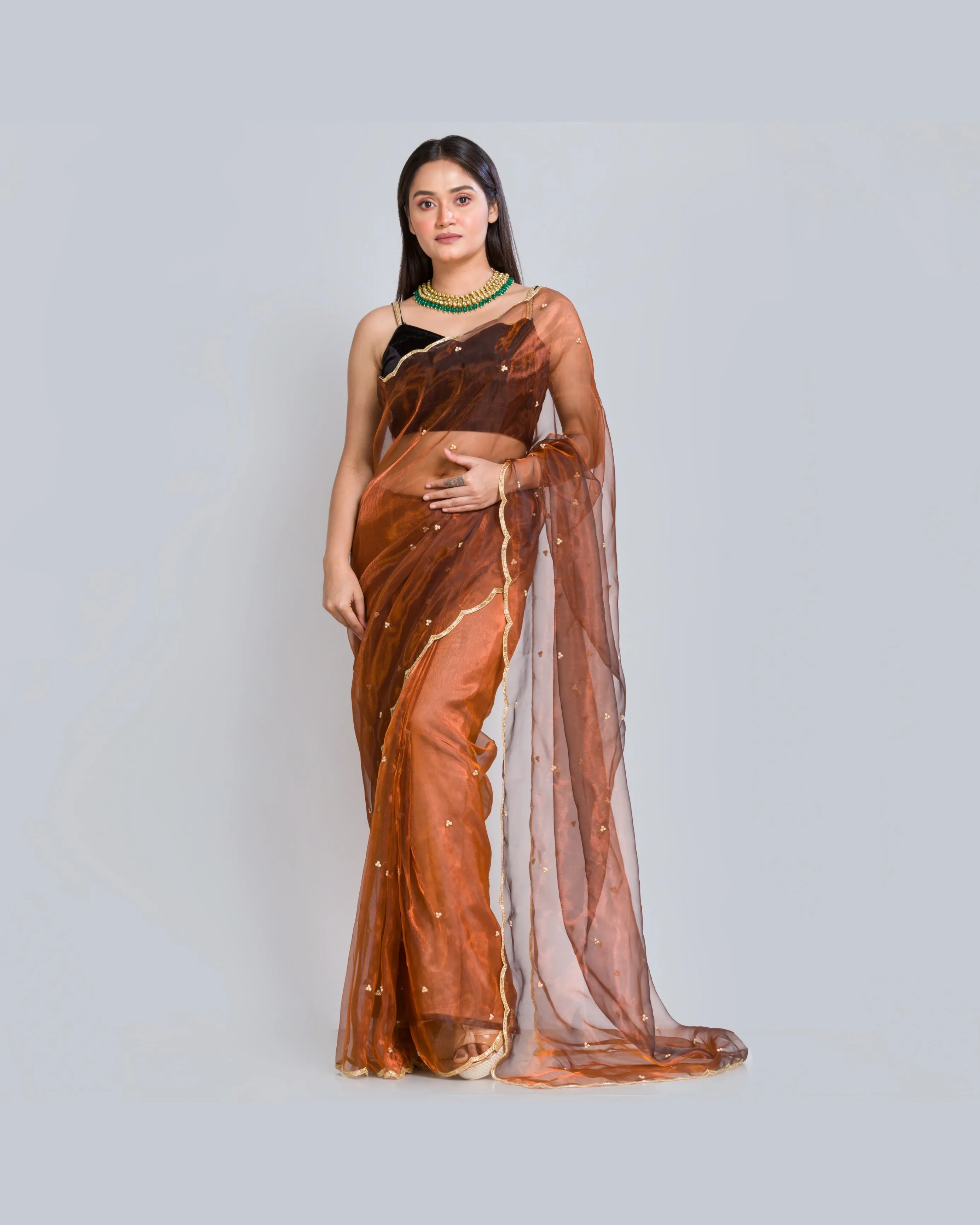 Copper Glass Tissue Saree With Handembroidered Scalloping