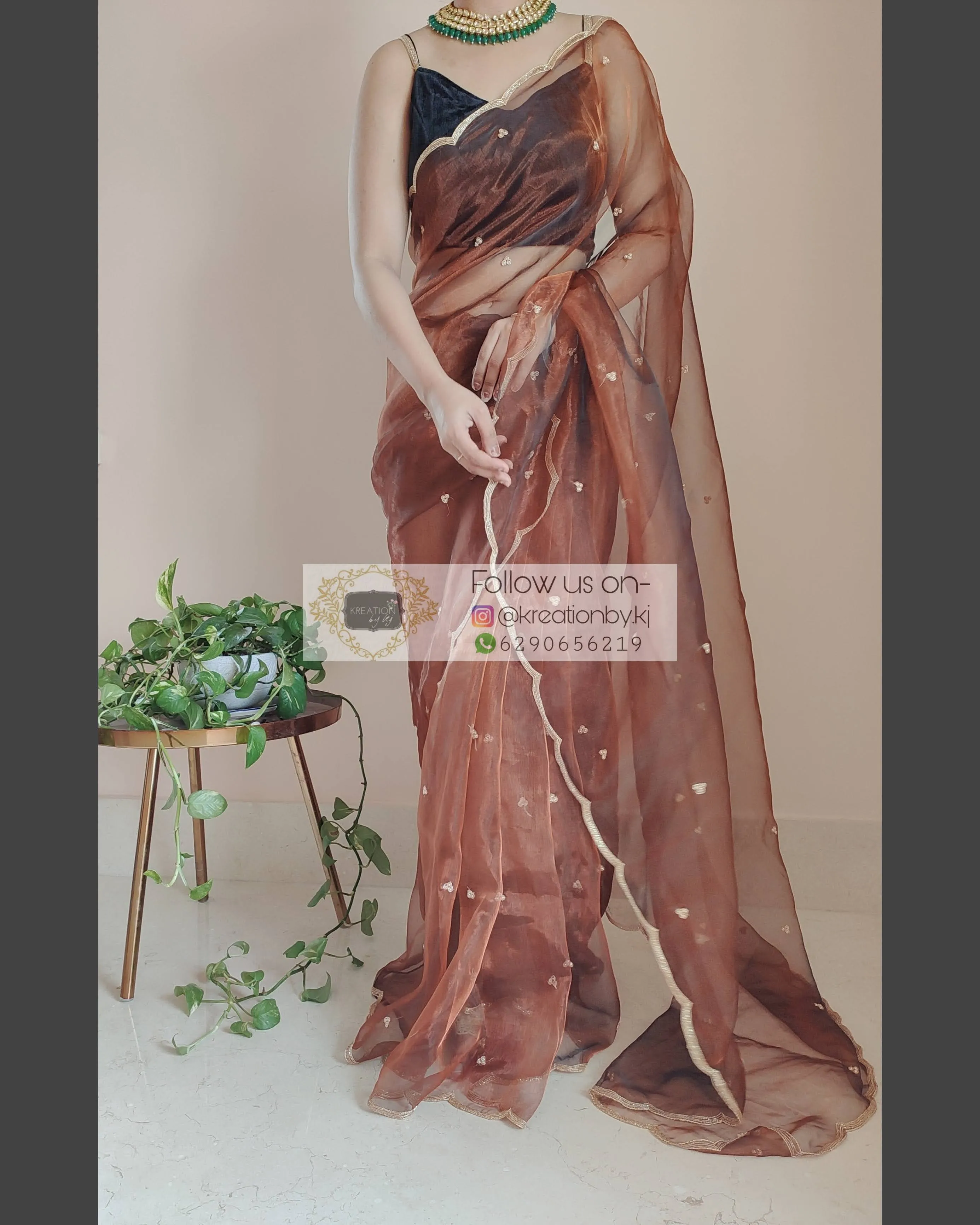 Copper Glass Tissue Saree With Handembroidered Scalloping