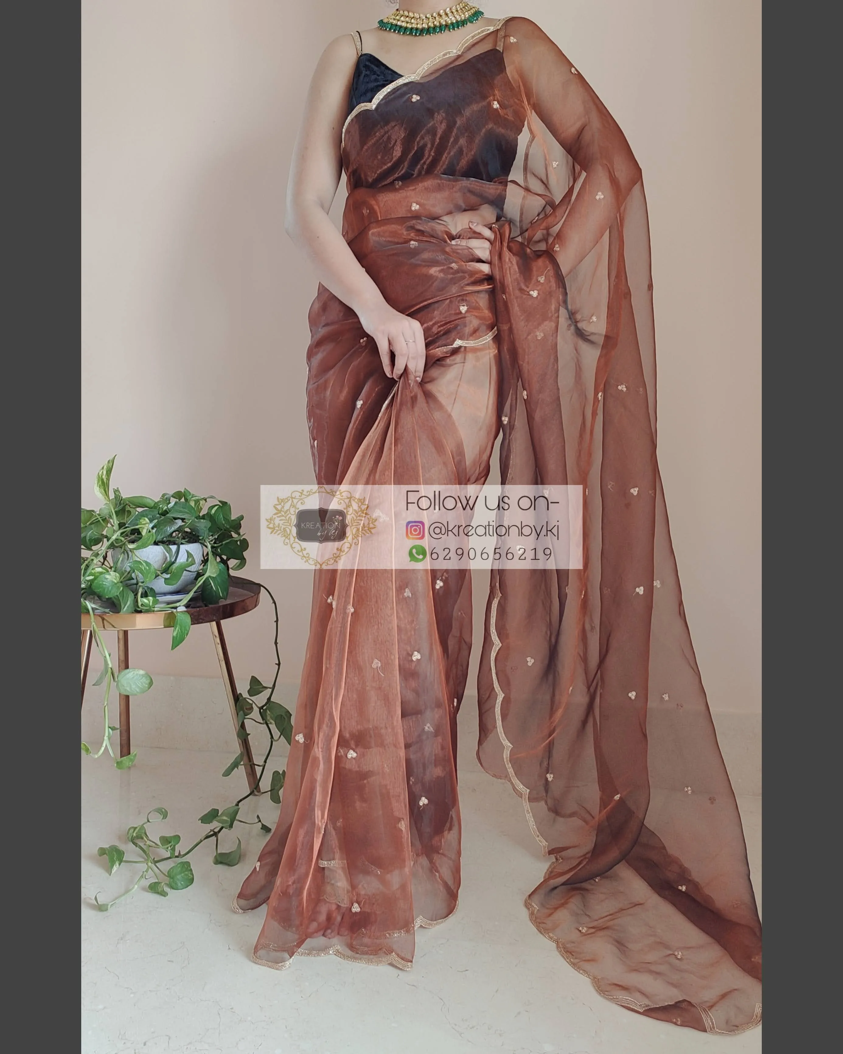 Copper Glass Tissue Saree With Handembroidered Scalloping