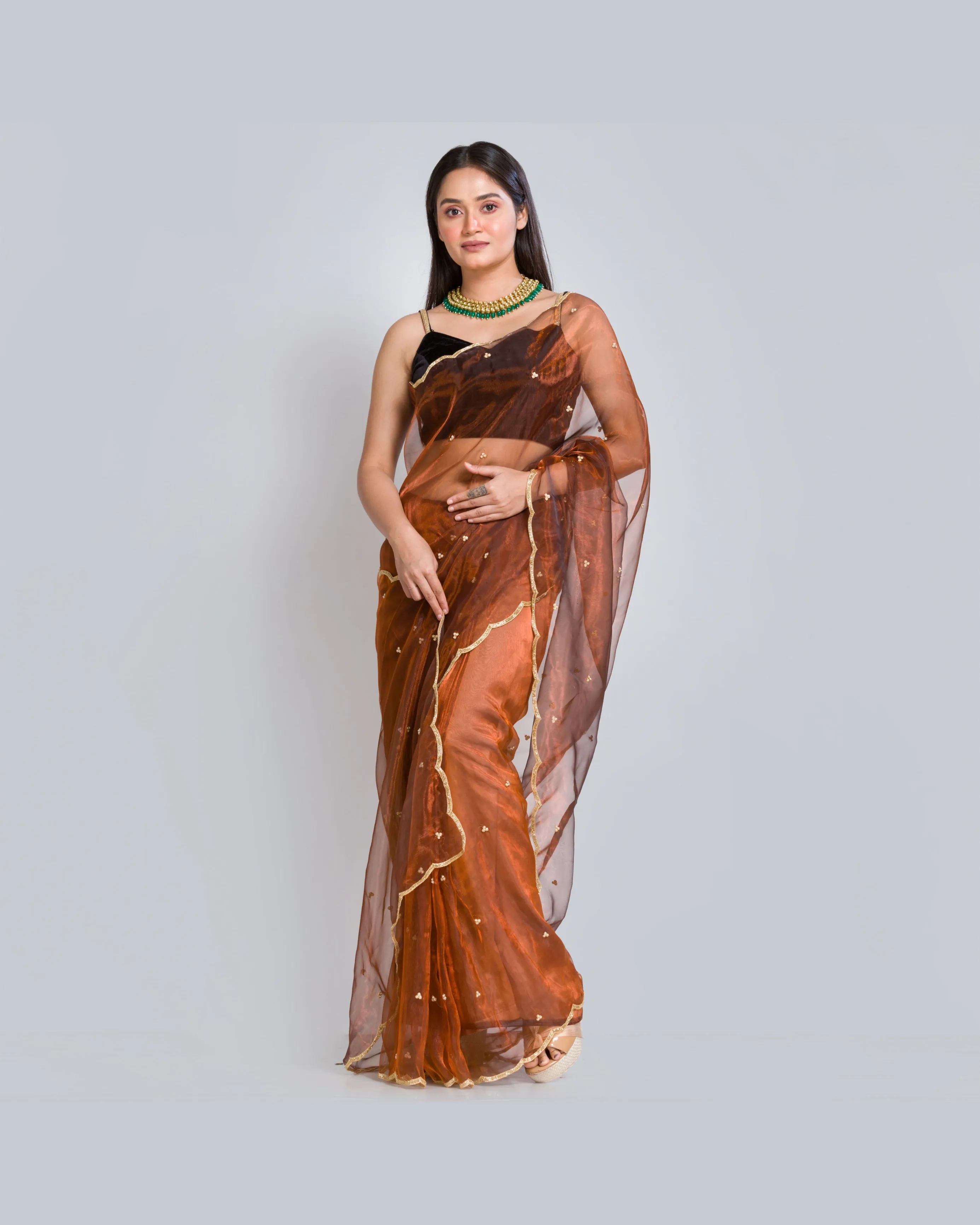 Copper Glass Tissue Saree With Handembroidered Scalloping