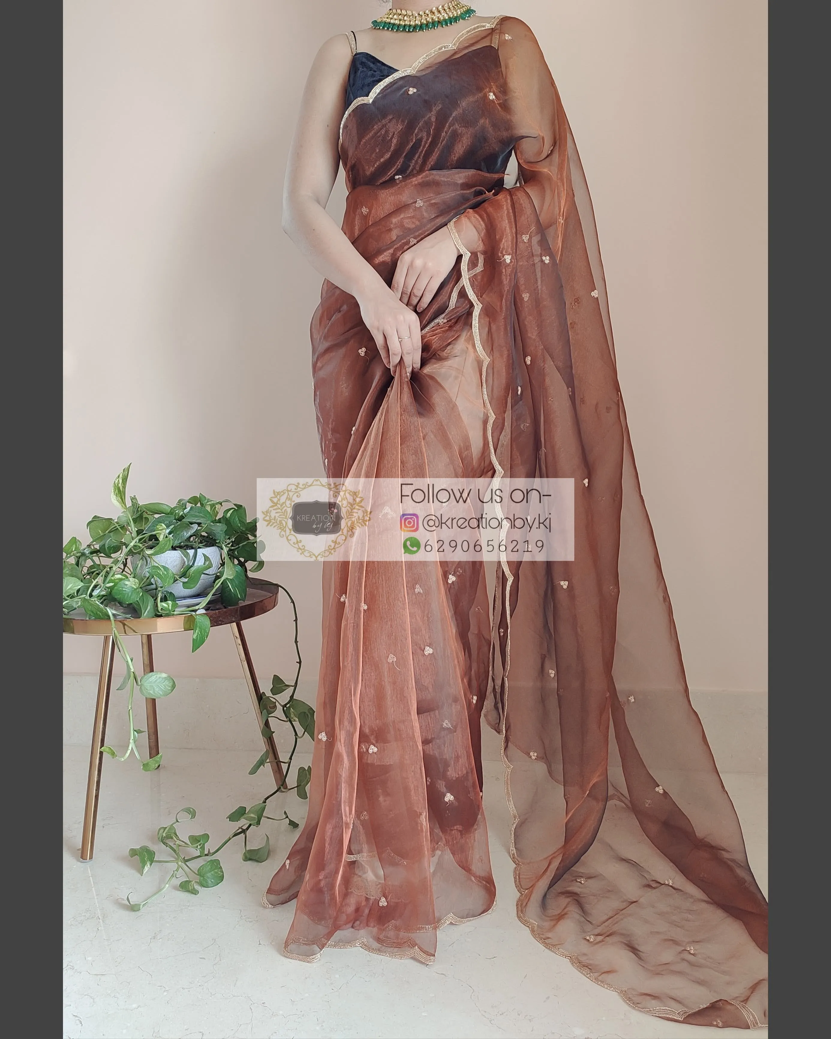 Copper Glass Tissue Saree With Handembroidered Scalloping