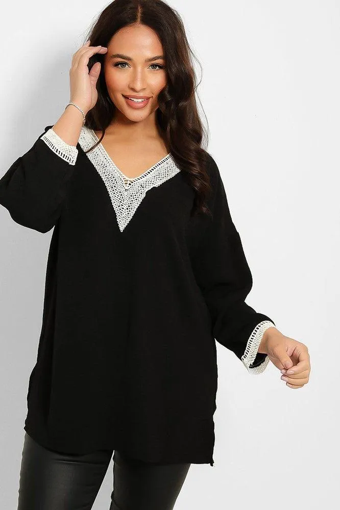 Crochet Lace V-Neck Detail Lazy Fit Blouse