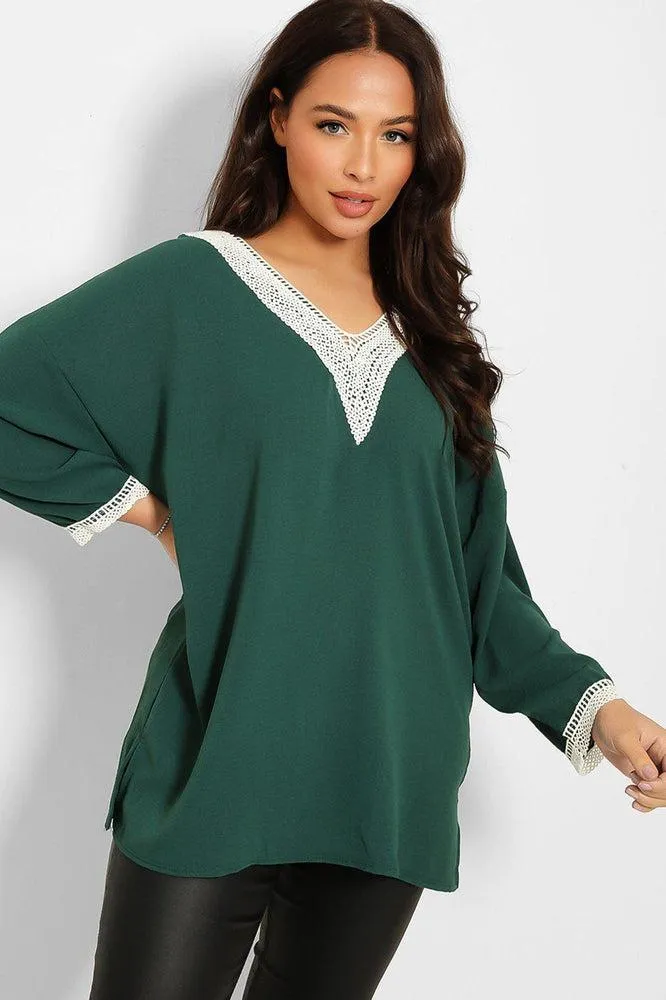 Crochet Lace V-Neck Detail Lazy Fit Blouse