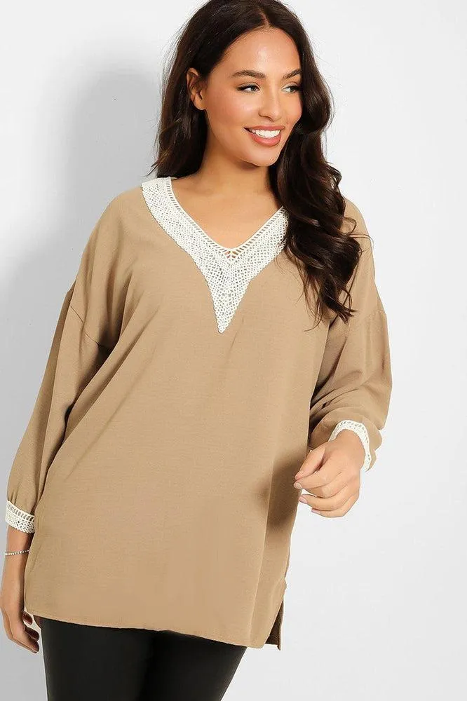 Crochet Lace V-Neck Detail Lazy Fit Blouse