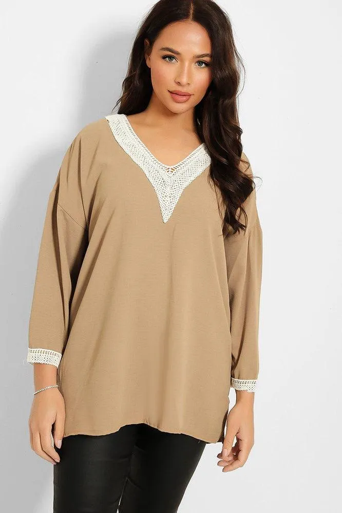 Crochet Lace V-Neck Detail Lazy Fit Blouse