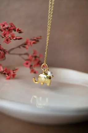 Cute Elephant With Pearl Gold Plated Sterling Silver Charm Pendant With Chain