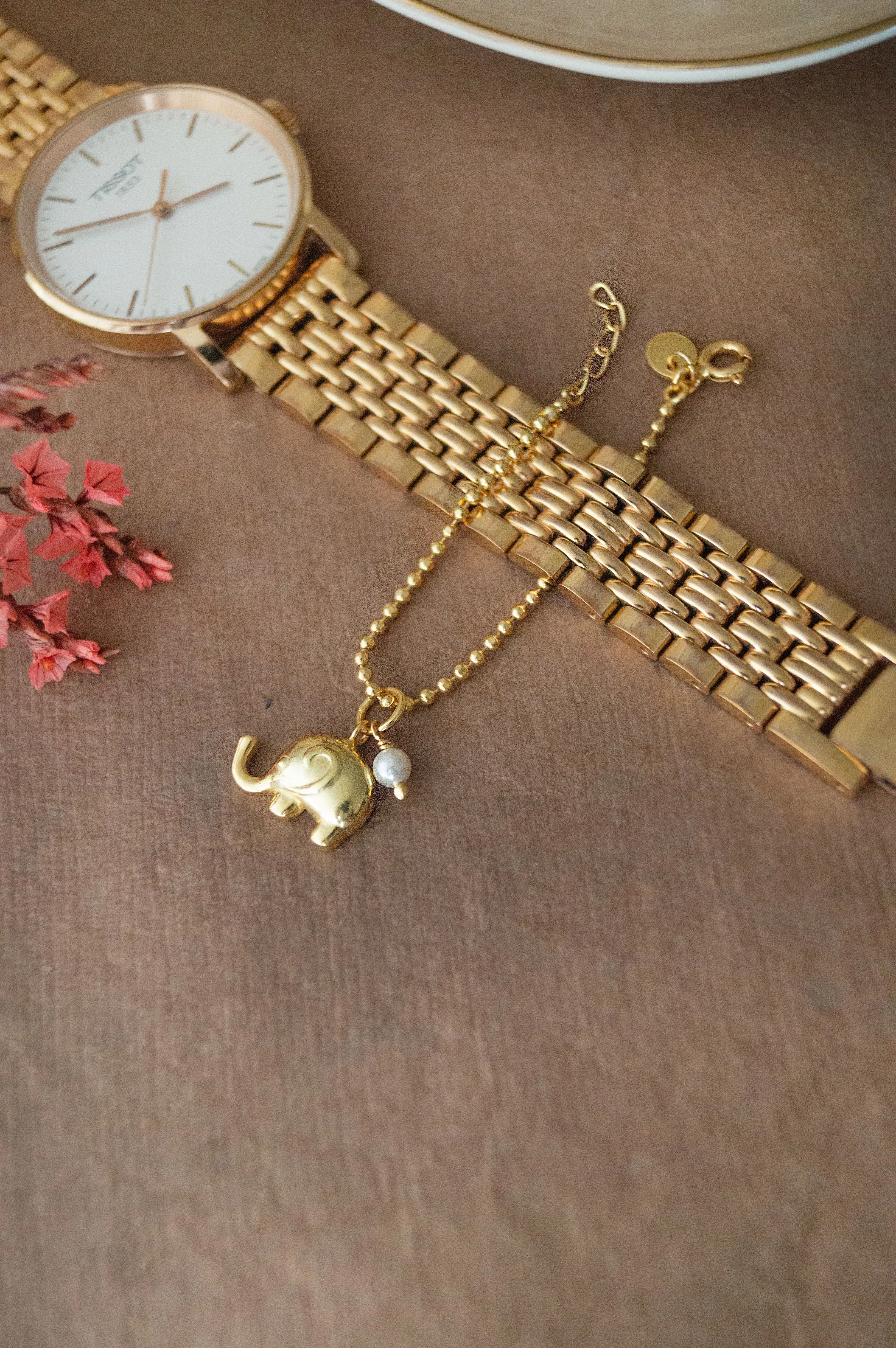 Cute Elephant With Pearl Gold Plated Sterling Silver Watch Charm