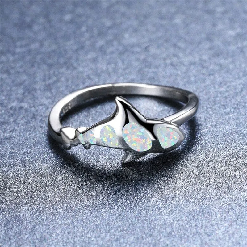 Cute Shark White Fire Opal Ring - 925 Sterling Silver