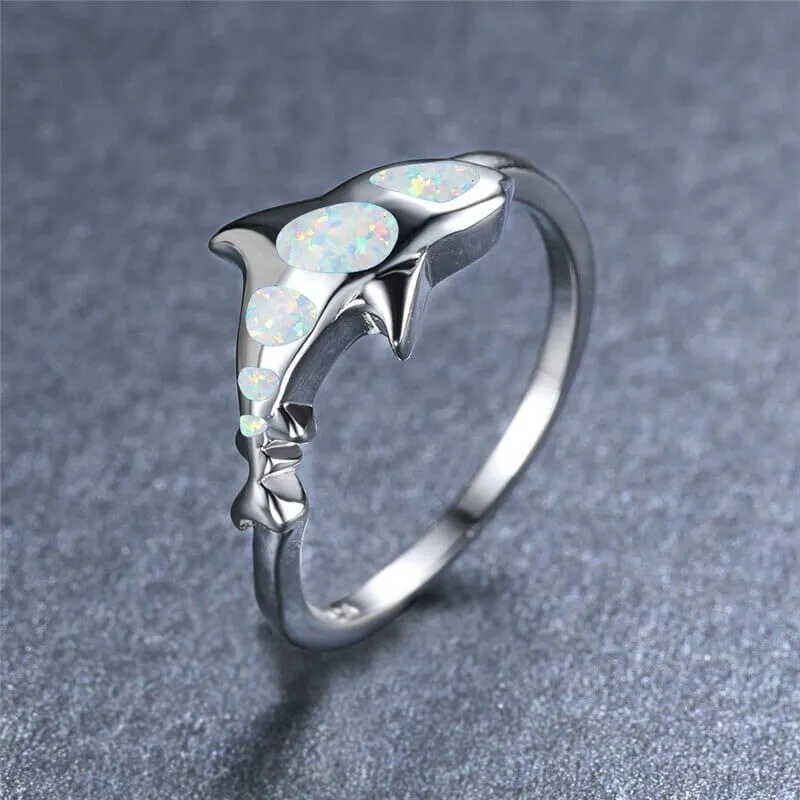 Cute Shark White Fire Opal Ring - 925 Sterling Silver