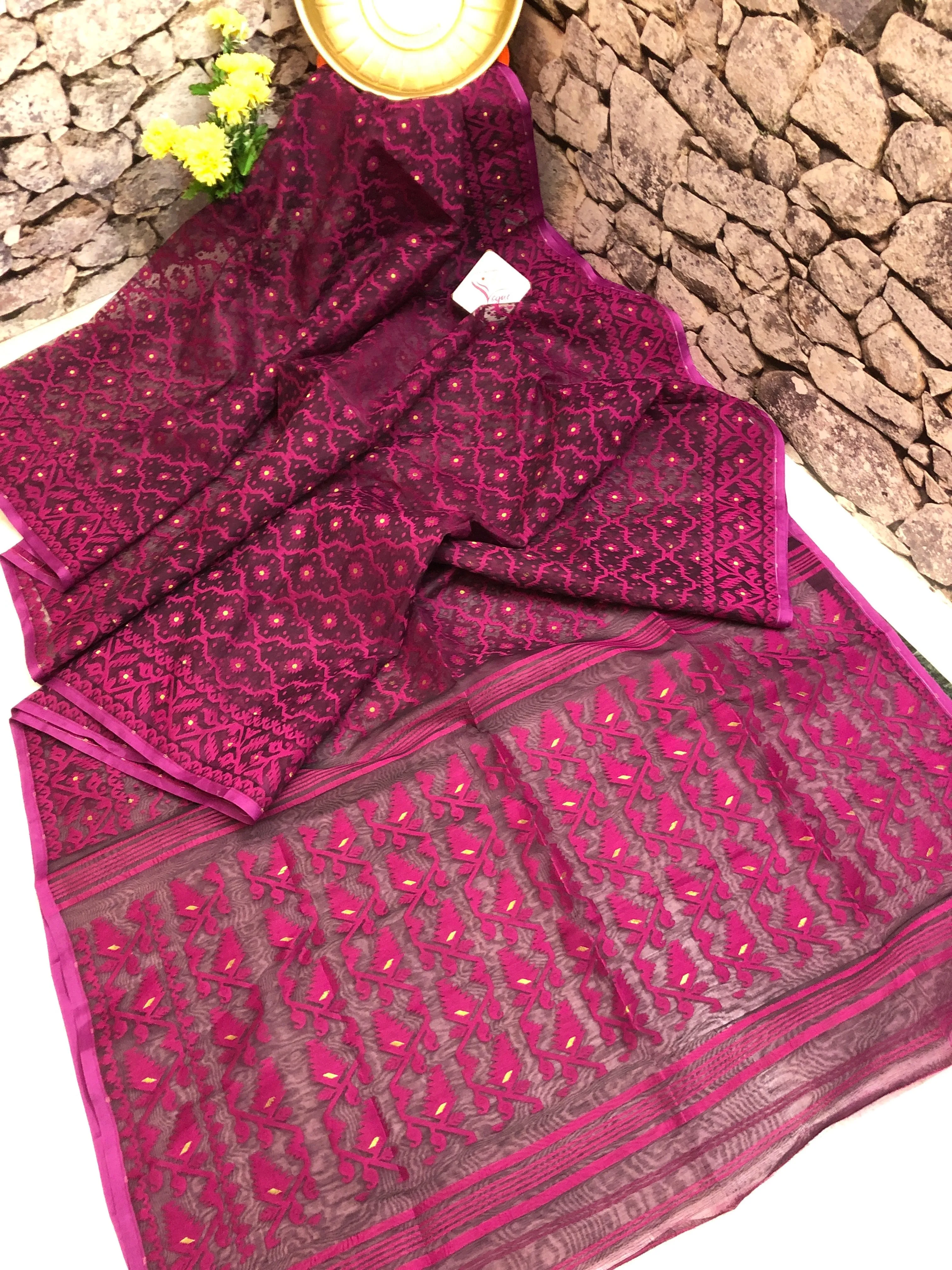 Dark Magenta and Beetroot Color Jamdani Saree