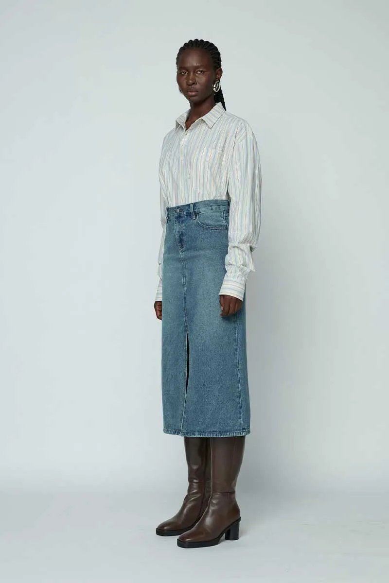 DENIM MAXI SKIRT-MID WASH INDIGO