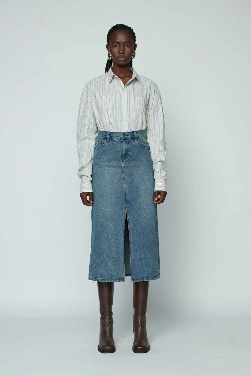 DENIM MAXI SKIRT-MID WASH INDIGO