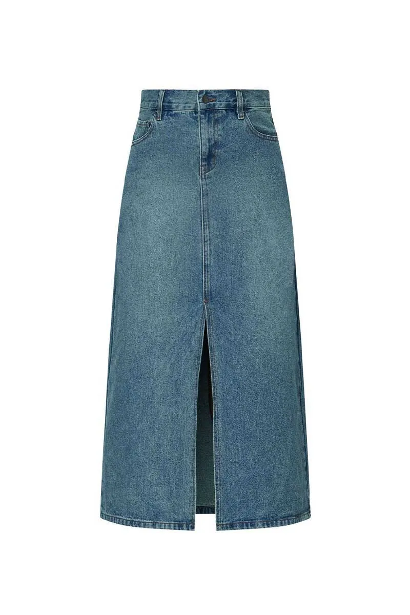 DENIM MAXI SKIRT-MID WASH INDIGO