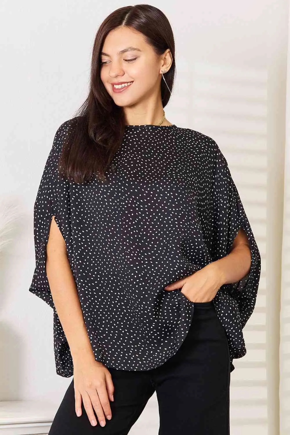 Double Take Printed Dolman Sleeve Round Neck Blouse