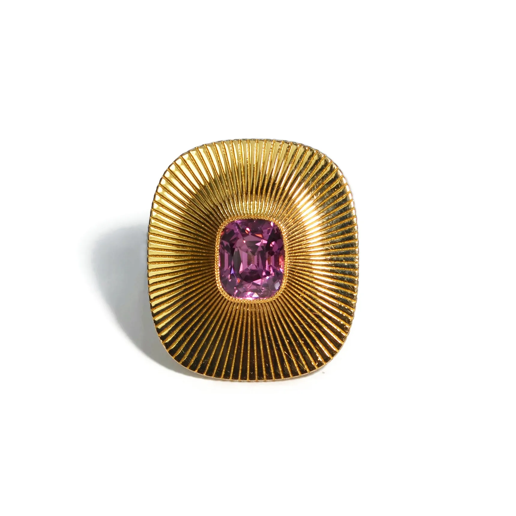 Eclat Jewels - Engraved Disc Ring with Pink Spinel and Diamonds, 18k Yellow Gold