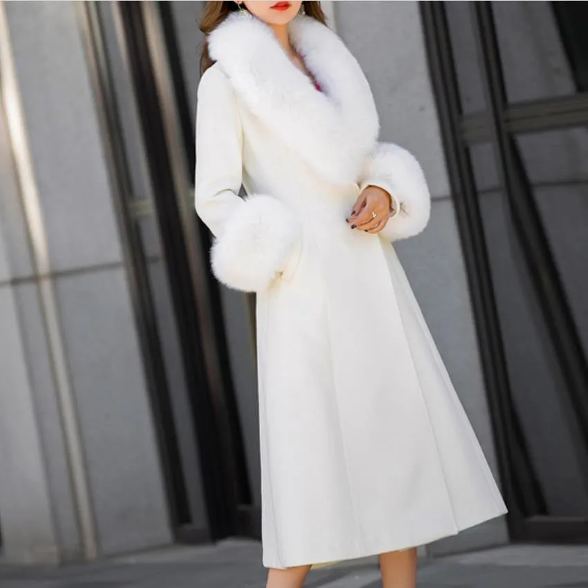 ELEANOR Design Women's Fine Fashion Elegant White Luxury Style Long Wool Coat Jacket