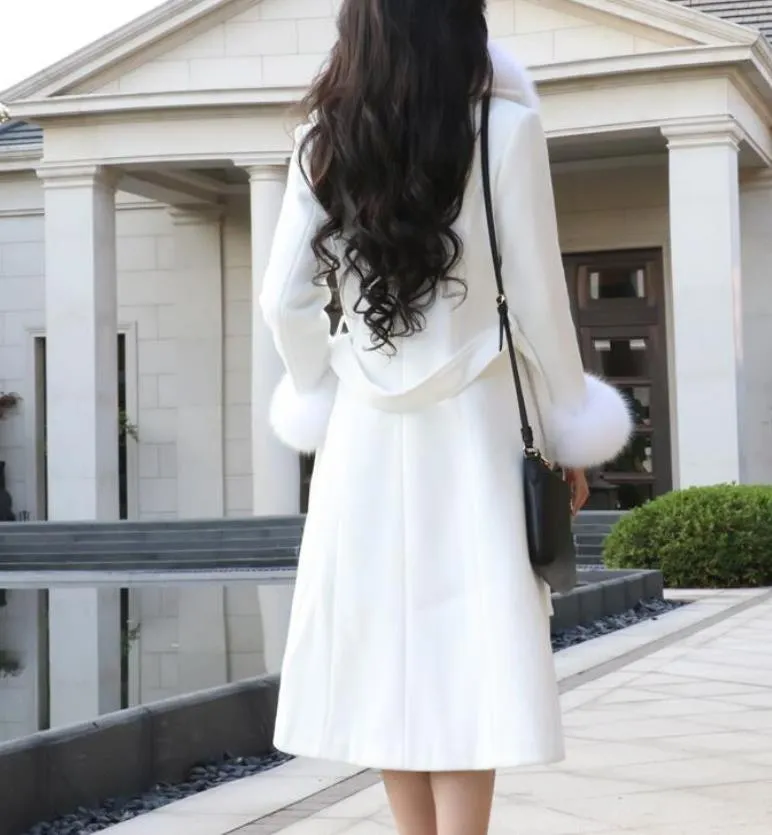 ELEANOR Design Women's Fine Fashion Elegant White Luxury Style Long Wool Coat Jacket