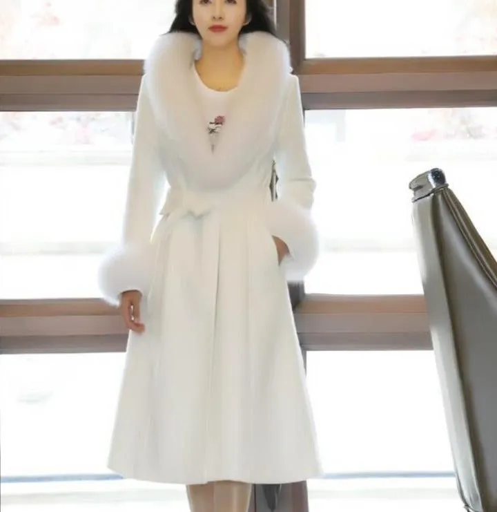 ELEANOR Design Women's Fine Fashion Elegant White Luxury Style Long Wool Coat Jacket