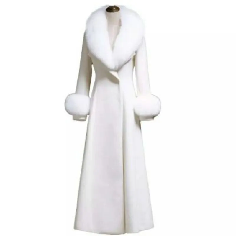 ELEANOR Design Women's Fine Fashion Elegant White Luxury Style Long Wool Coat Jacket