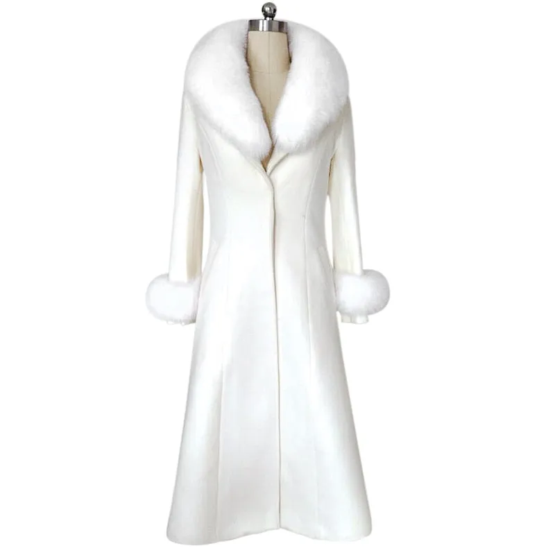 ELEANOR Design Women's Fine Fashion Elegant White Luxury Style Long Wool Coat Jacket