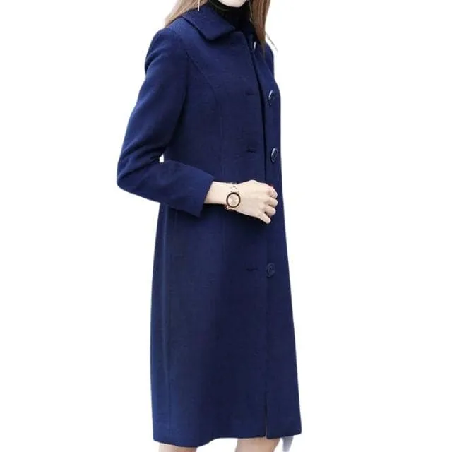 ELVP Women's Fine Fashion Elegant Navy Blue Luxury Style Wool Coat Jacket