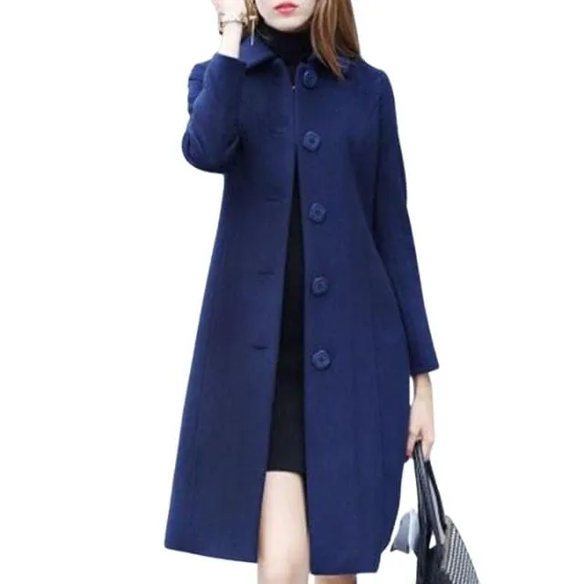 ELVP Women's Fine Fashion Elegant Navy Blue Luxury Style Wool Coat Jacket