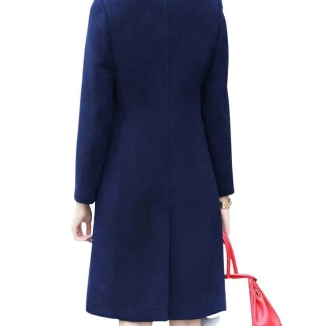 ELVP Women's Fine Fashion Elegant Navy Blue Luxury Style Wool Coat Jacket