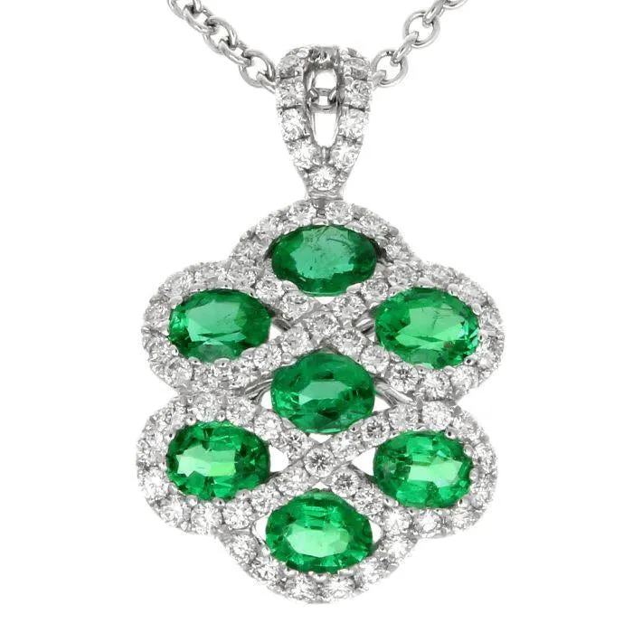 Emerald & Diamond Criss Cross Pendant Necklace 18K White Gold