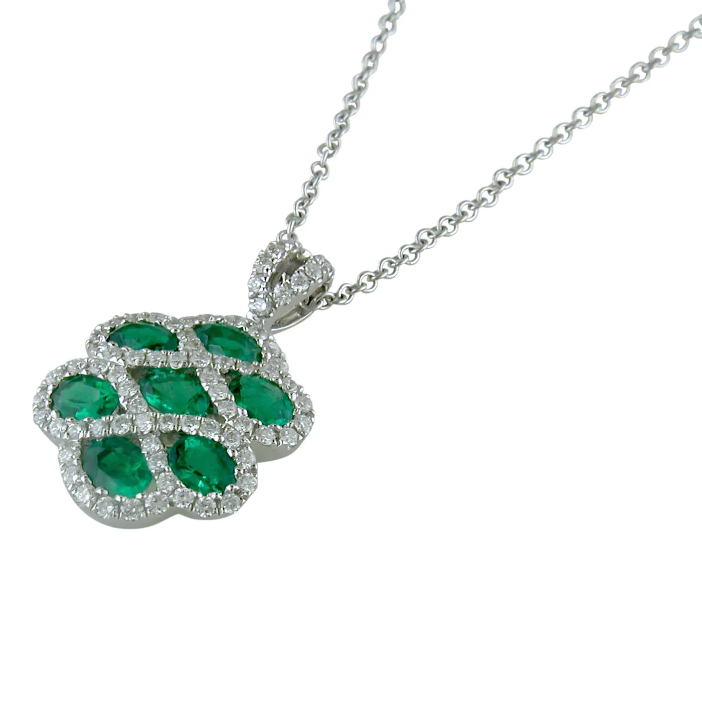 Emerald & Diamond Criss Cross Pendant Necklace 18K White Gold