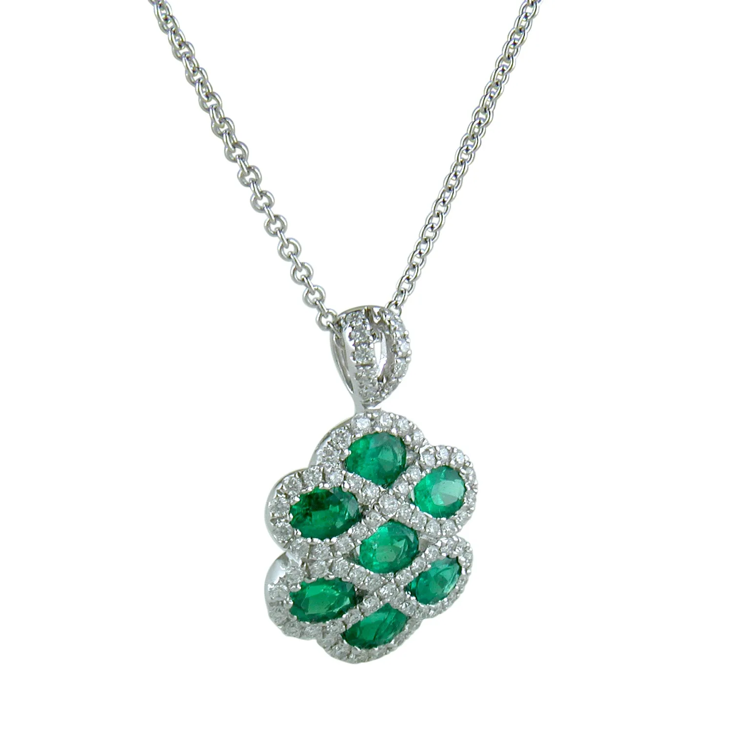 Emerald & Diamond Criss Cross Pendant Necklace 18K White Gold