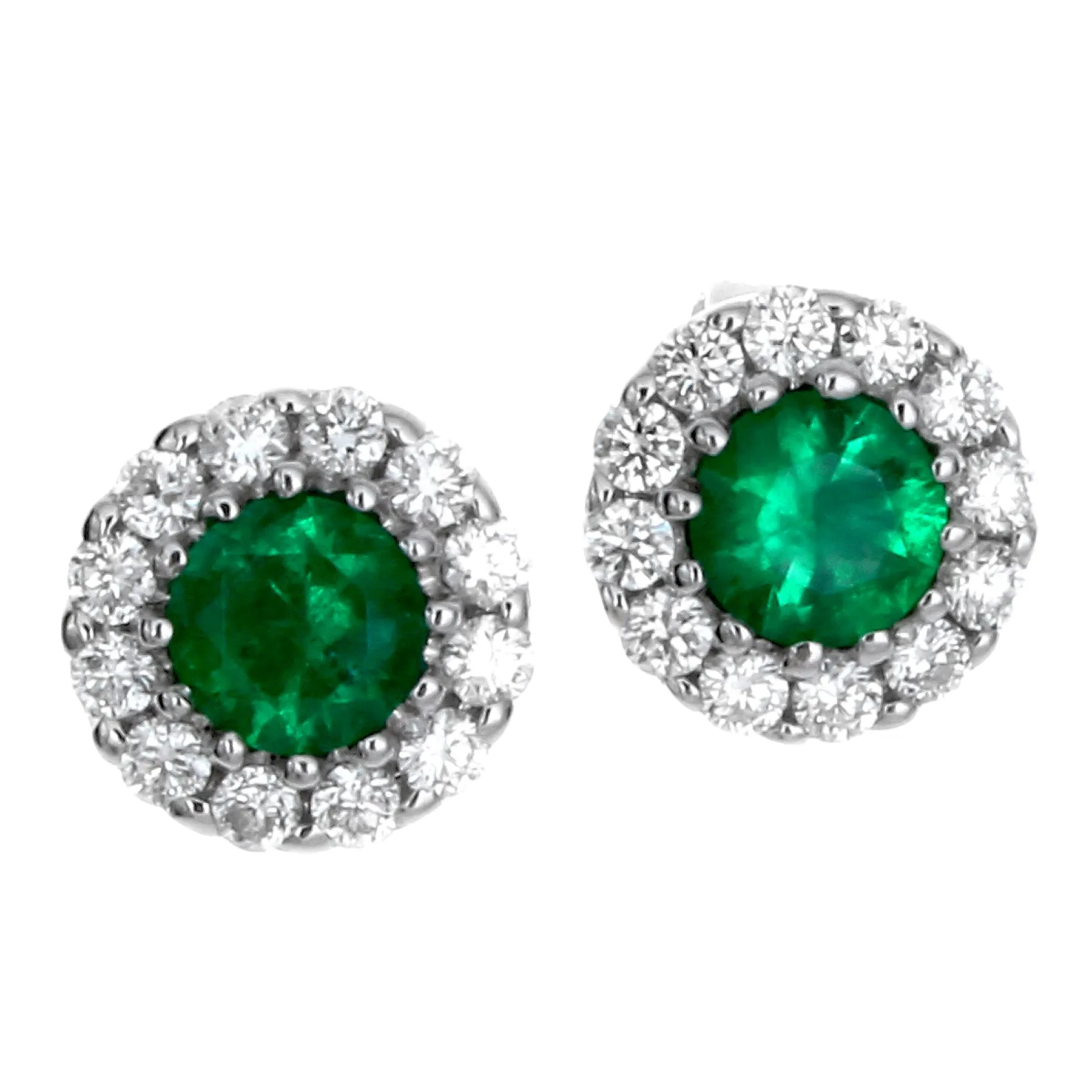 Emerald & Diamond Round Halo Stud Earrings 18K White Gold