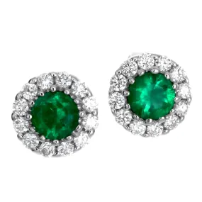 Emerald & Diamond Round Halo Stud Earrings 18K White Gold