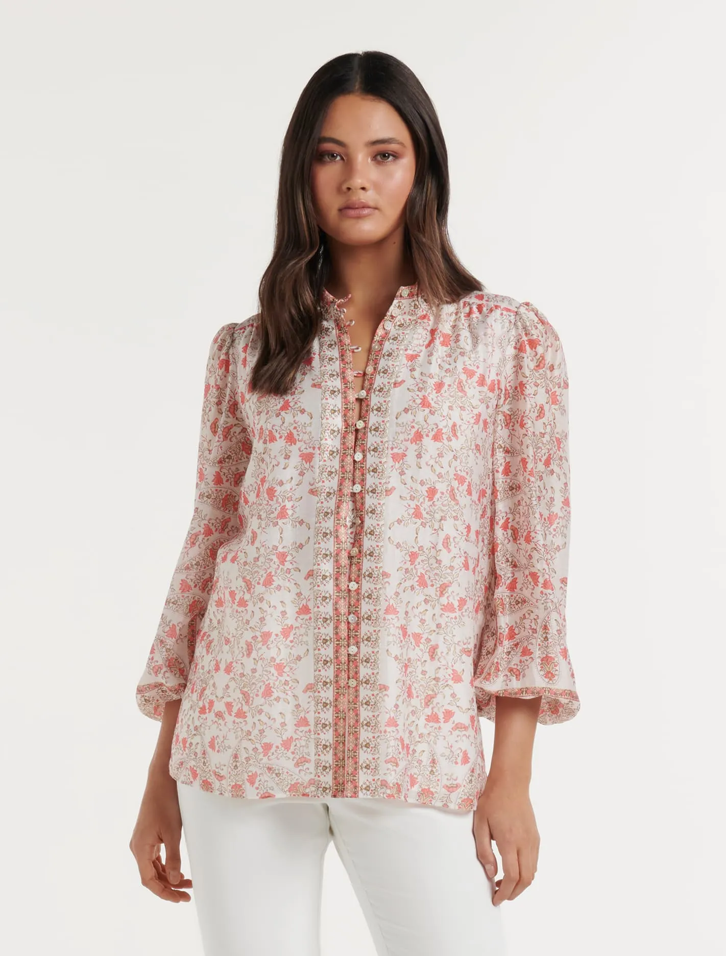 Emily Border Print Button Through Blouse