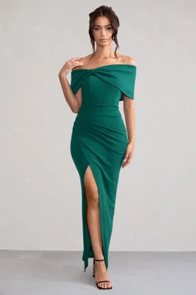 Eva | Green Bardot Bow Detail Maxi Dress With Thigh Split