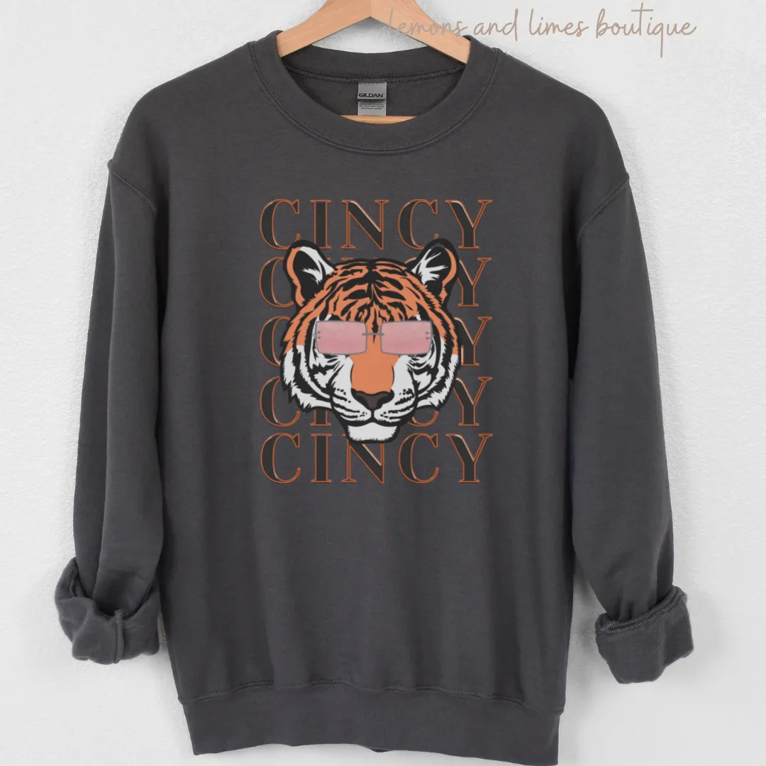 Fancy Cincy Tiger Sweatshirt on Charcoal Grey