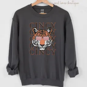 Fancy Cincy Tiger Sweatshirt on Charcoal Grey